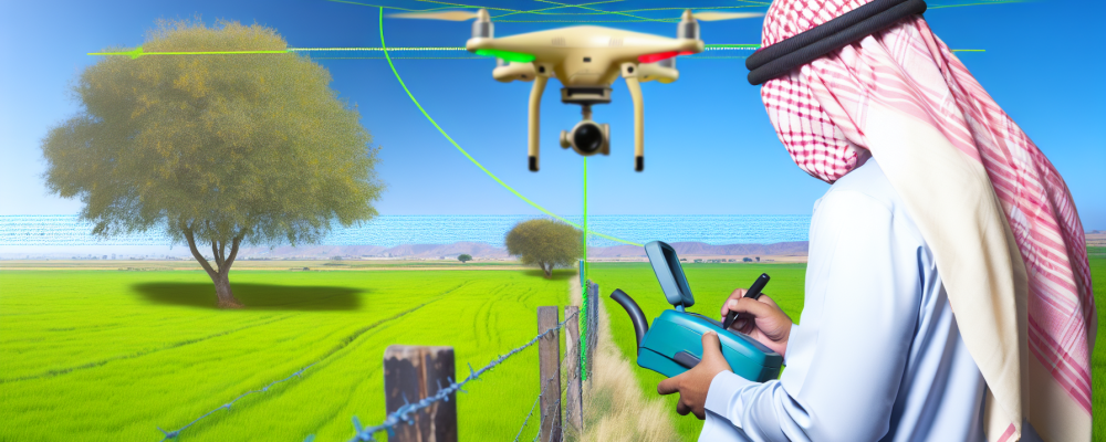 Campo rural verde com cerca demarcada, profissional usando GPS RTK e drone no céu.