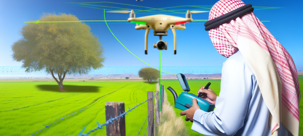 georreferenciamento-rural-gps-drone.webp Campo rural verde com cerca demarcada, profissional usando GPS RTK e drone no céu.