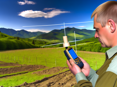 Geógrafo usando GPS para georreferenciamento em paisagem rural com estacas e montanhas ao fundo, céu azul claro e nuvens.