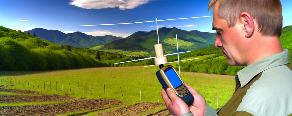 Geógrafo usando GPS para georreferenciamento em paisagem rural com estacas e montanhas ao fundo, céu azul claro e nuvens.