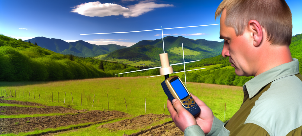 georreferenciamento-rural-gps-estacas.webp Geógrafo usando GPS para georreferenciamento em paisagem rural com estacas e montanhas ao fundo, céu azul claro e nuvens.