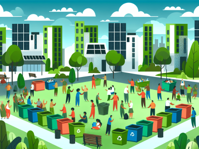 Cena de uma cidade sustentável com lixeiras coloridas e pessoas interagindo em campanha de conscientização ambiental.