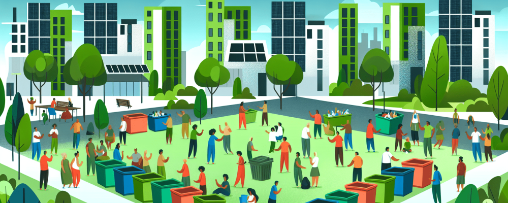 Cena de uma cidade sustentável com lixeiras coloridas e pessoas interagindo em campanha de conscientização ambiental.
