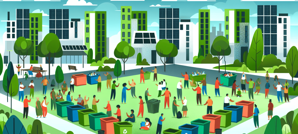 gerenciamento-residuos-cidade-sustentavel.webp Cena de uma cidade sustentável com lixeiras coloridas e pessoas interagindo em campanha de conscientização ambiental.