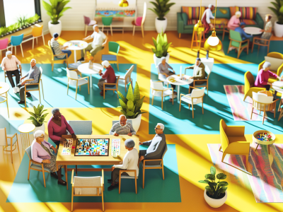 Idosos felizes interagindo em um espaço social acolhedor e iluminado, promovendo um envelhecimento ativo.