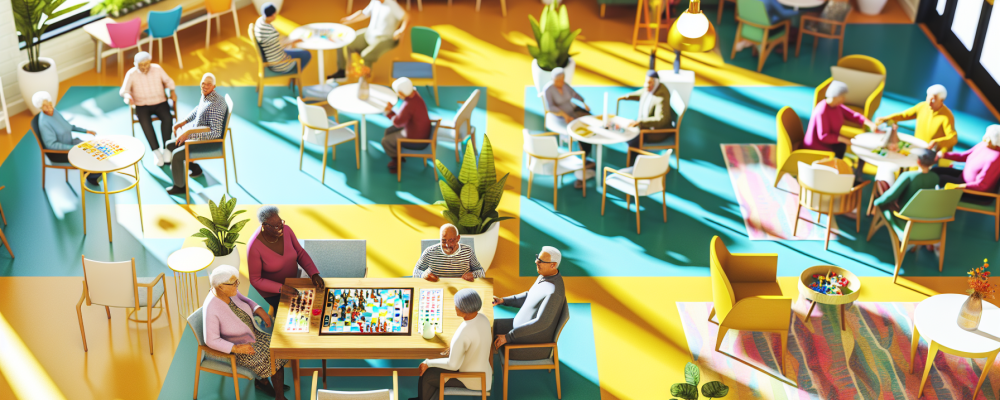 Idosos felizes interagindo em um espaço social acolhedor e iluminado, promovendo um envelhecimento ativo.
