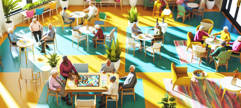 Idosos felizes interagindo em um espaço social acolhedor e iluminado, promovendo um envelhecimento ativo.