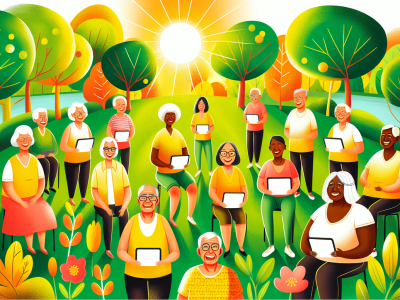 Grupo de idosos sorridentes em parque, participando de aulas de tecnologia, ilustrando o envelhecimento ativo e integração social.