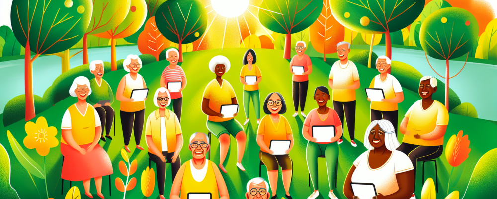 Grupo de idosos sorridentes em parque, participando de aulas de tecnologia, ilustrando o envelhecimento ativo e integração social.