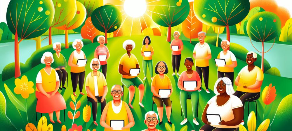 Grupo de idosos sorridentes em parque, participando de aulas de tecnologia, ilustrando o envelhecimento ativo e integração social.