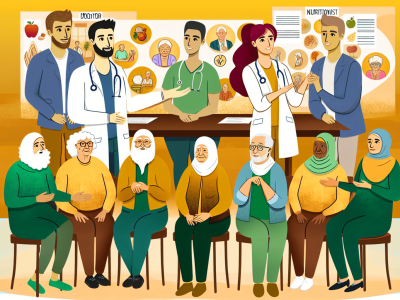 Equipe gerontológica multidisciplinar, incluindo médicos e nutricionistas, cuidando de idosos com foco na qualidade de vida e nutrição.