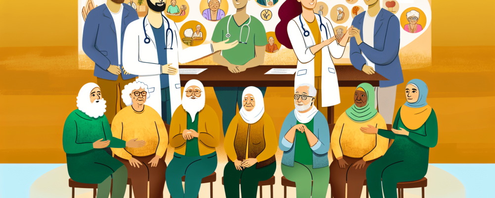 Equipe gerontológica multidisciplinar, incluindo médicos e nutricionistas, cuidando de idosos com foco na qualidade de vida e nutrição.