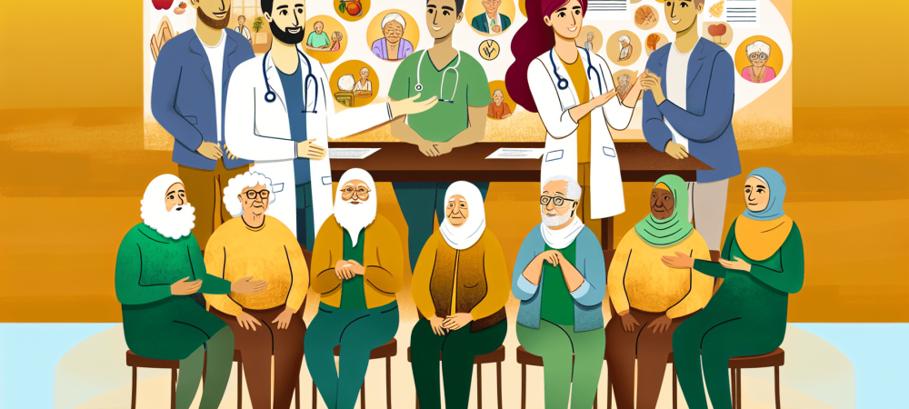 Equipe gerontológica multidisciplinar, incluindo médicos e nutricionistas, cuidando de idosos com foco na qualidade de vida e nutrição.