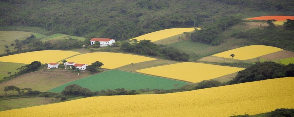 Produtores agrícolas em uma moderna fazenda no Brasil, cercados por plantações e equipamentos avançados, simbolizando a gestão de agronegócios.