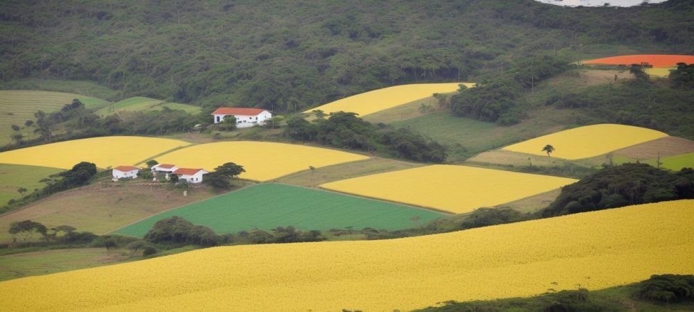 Produtores agrícolas em uma moderna fazenda no Brasil, cercados por plantações e equipamentos avançados, simbolizando a gestão de agronegócios.