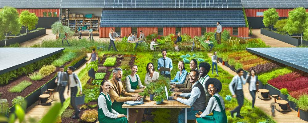 Equipe diversificada promovendo práticas sustentáveis em ambiente de trabalho com energia solar e vegetação