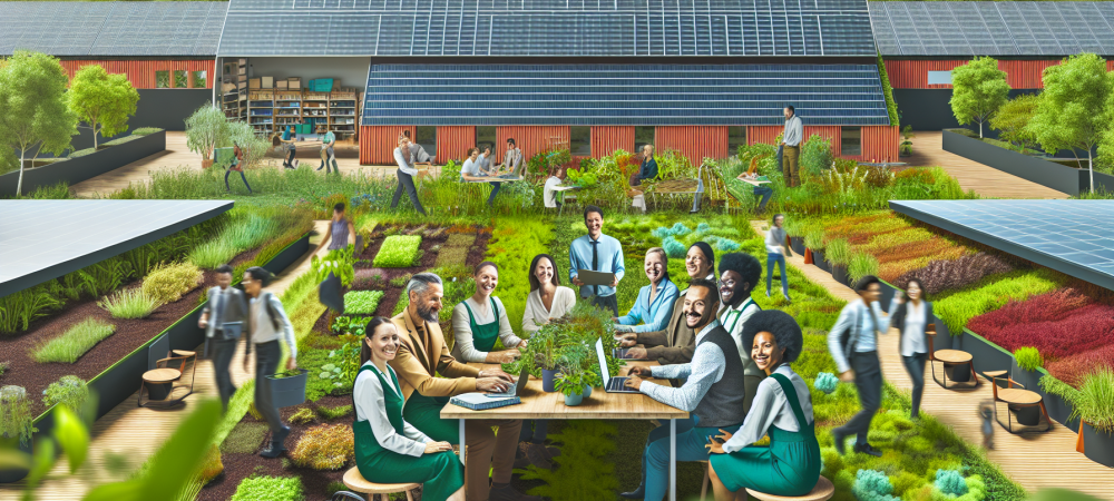 Equipe diversificada promovendo práticas sustentáveis em ambiente de trabalho com energia solar e vegetação