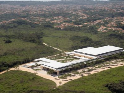 Biblioteca moderna com estantes organizadas, áreas de leitura iluminadas, computadores e eventos culturais visíveis.