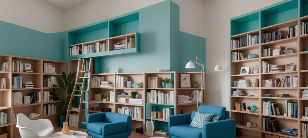 Biblioteca moderna iluminada com mesas de estudo, bibliotecários usando tablets e destaque para biblioteca digital.