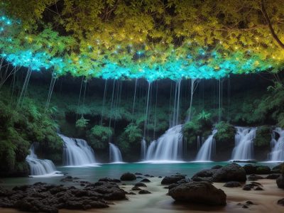 Escritório moderno e colaborativo com profissionais em laptops discutindo gestão da comunicação, cercados por quadros e plantas