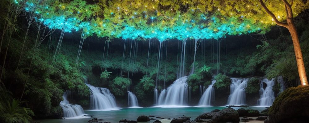 Escritório moderno e colaborativo com profissionais em laptops discutindo gestão da comunicação, cercados por quadros e plantas