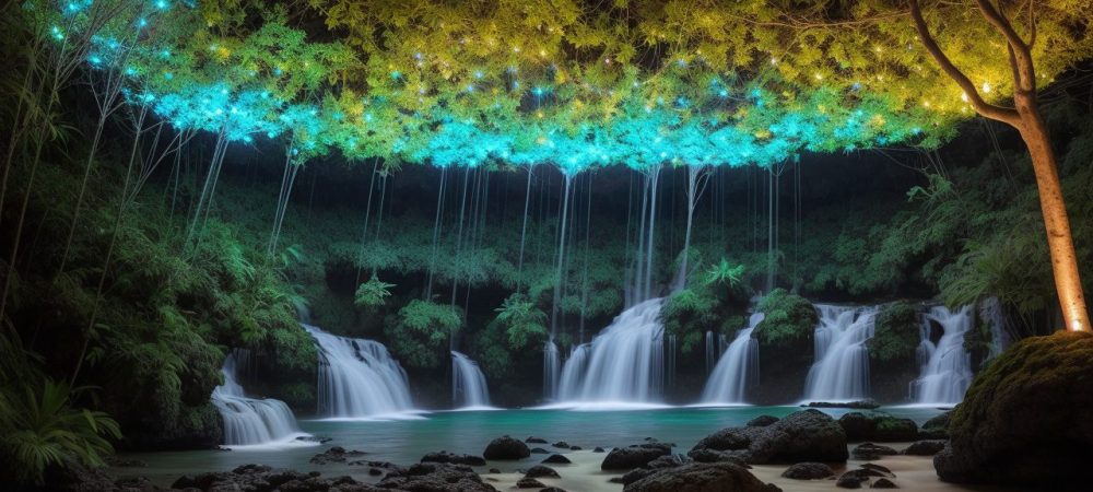 Escritório moderno e colaborativo com profissionais em laptops discutindo gestão da comunicação, cercados por quadros e plantas