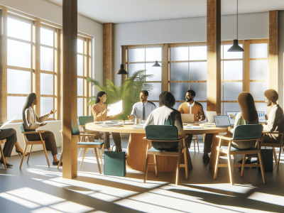 Profissionais discutem gestão de conflitos em mesa redonda iluminada por luz natural