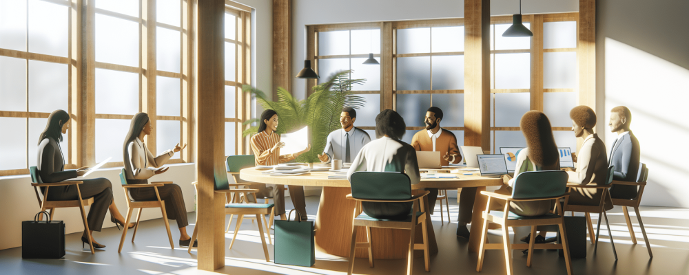 Profissionais discutem gestão de conflitos em mesa redonda iluminada por luz natural