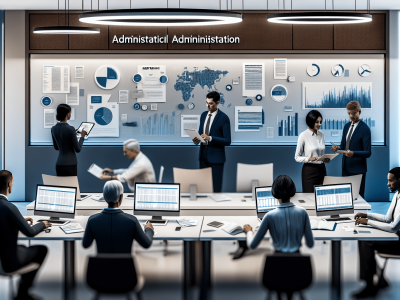 Servidores analisam contratos administrativos em uma sala iluminada com laptops e quadros, promovendo eficiência e colaboração.