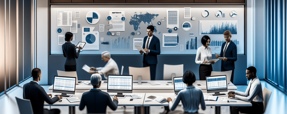 Servidores analisam contratos administrativos em uma sala iluminada com laptops e quadros, promovendo eficiência e colaboração.