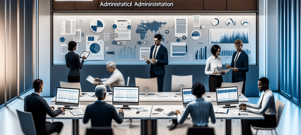 Servidores analisam contratos administrativos em uma sala iluminada com laptops e quadros, promovendo eficiência e colaboração.