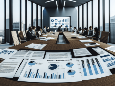 Profissionais analisando gestão de contratos administrativos em sala de reuniões iluminada com janelas amplas e laptops.