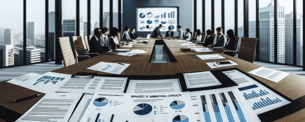 Profissionais analisando gestão de contratos administrativos em sala de reuniões iluminada com janelas amplas e laptops.
