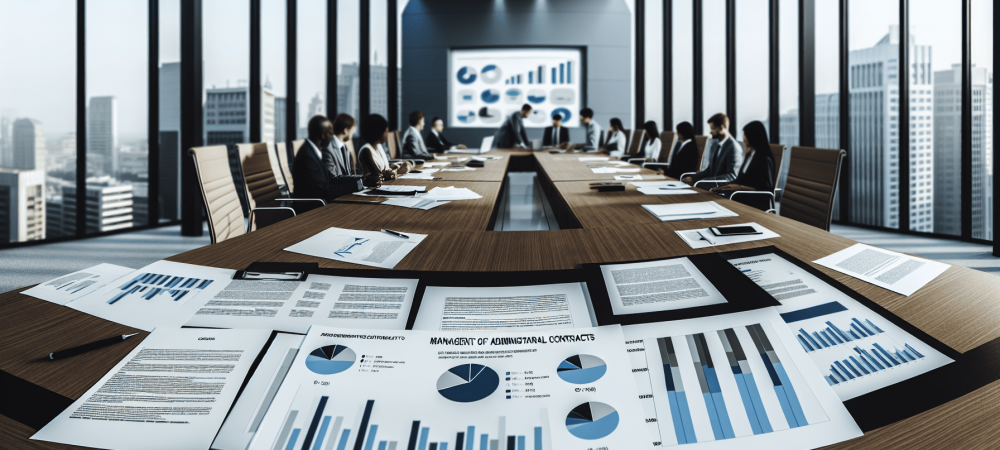 Profissionais analisando gestão de contratos administrativos em sala de reuniões iluminada com janelas amplas e laptops.