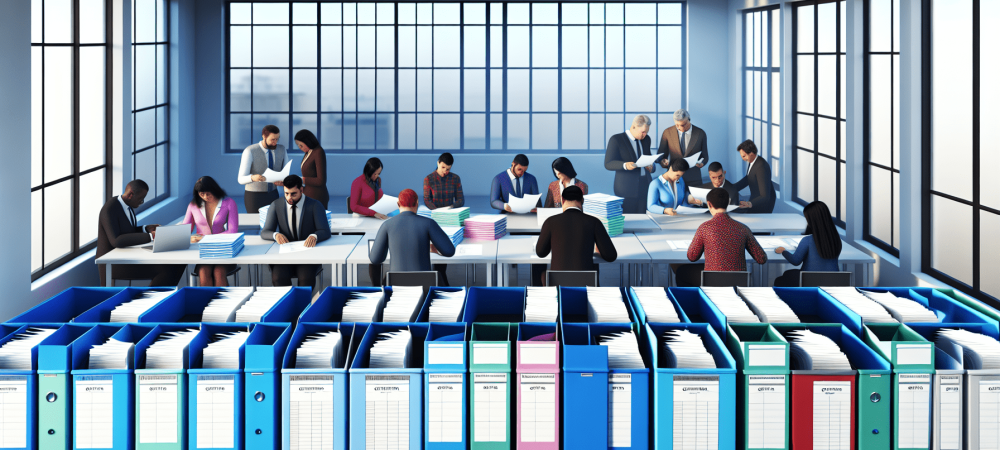 Servidores públicos trabalhando em um escritório moderno com pastas coloridas e planilha de controle de arquivos.