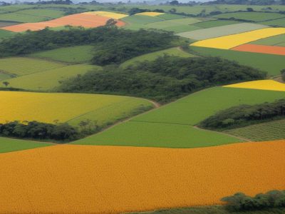 Uma fazenda moderna no Brasil com colaboradores utilizando tecnologia para analisar gráficos de desempenho na gestão de agronegócios.