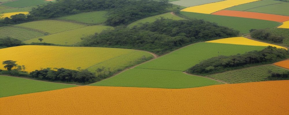 Uma fazenda moderna no Brasil com colaboradores utilizando tecnologia para analisar gráficos de desempenho na gestão de agronegócios.