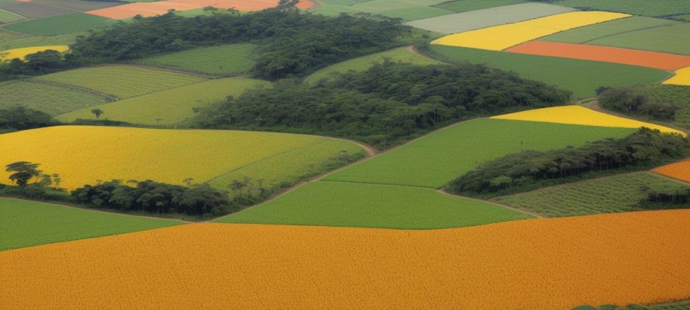 Uma fazenda moderna no Brasil com colaboradores utilizando tecnologia para analisar gráficos de desempenho na gestão de agronegócios.