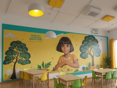 Sala de aula moderna com gestão escolar, professores e alunos usando tecnologia e colaborando em ambiente acolhedor.