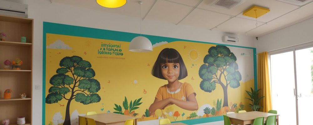 Sala de aula moderna com gestão escolar, professores e alunos usando tecnologia e colaborando em ambiente acolhedor.