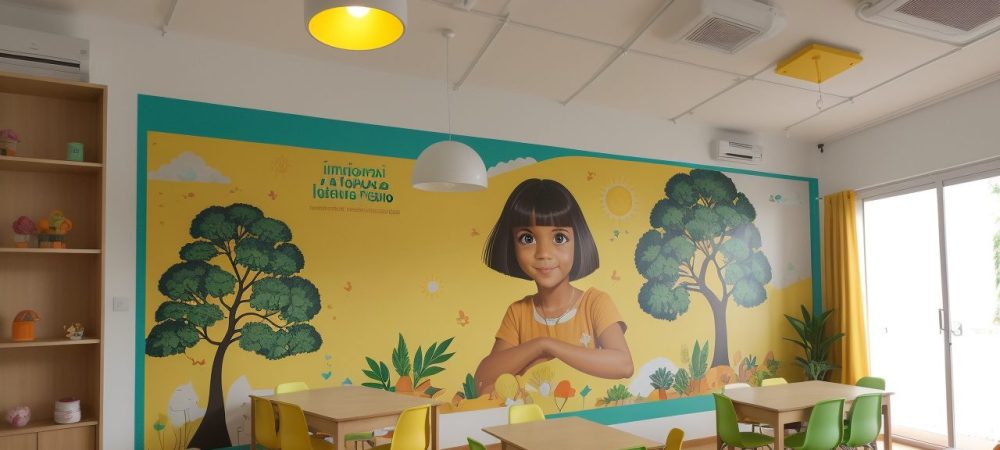 Sala de aula moderna com gestão escolar, professores e alunos usando tecnologia e colaborando em ambiente acolhedor.