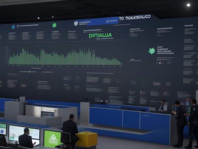 Operadores analisando dados em telas digitais em centro de controle de gestão de frotas públicas, refletindo eficiência e inovação.