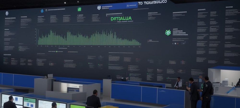 Operadores analisando dados em telas digitais em centro de controle de gestão de frotas públicas, refletindo eficiência e inovação.