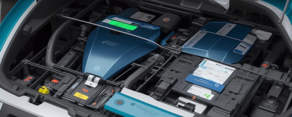 Frota de veículos públicos modernos em um pátio, técnicos usando tablets para otimizar a gestão de frotas.