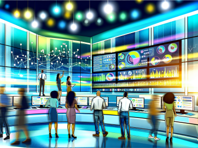 Profissionais de comunicação em uma sala de controle moderna interagindo com mídias sociais em tempo real.