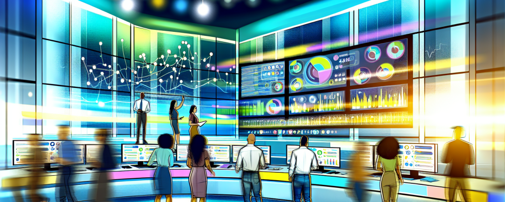 Profissionais de comunicação em uma sala de controle moderna interagindo com mídias sociais em tempo real.