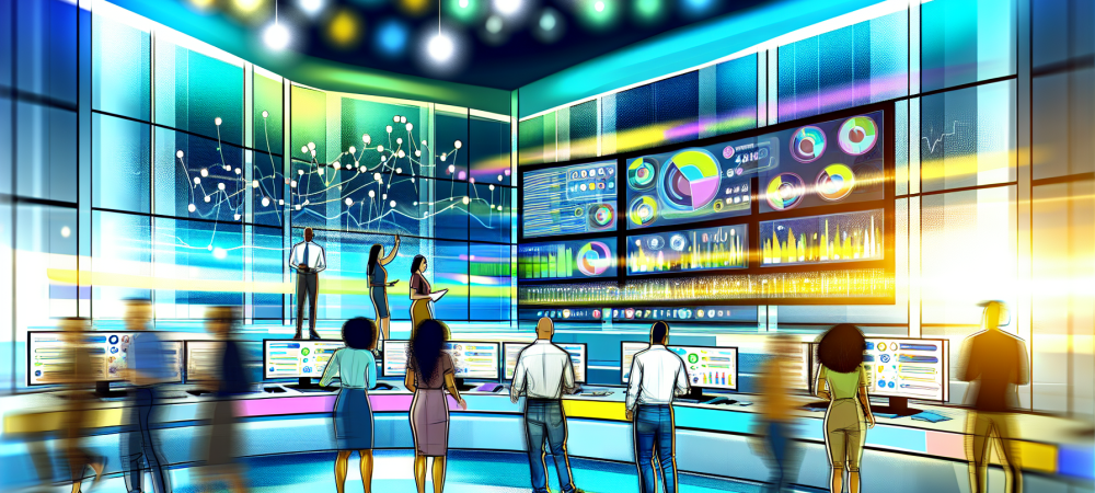 Profissionais de comunicação em uma sala de controle moderna interagindo com mídias sociais em tempo real.