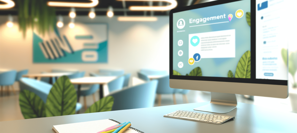 Mesa de trabalho em escritório público com gráficos de mídias sociais, bloco de anotações e ambiente acolhedor.