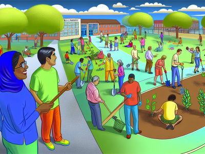 Cidadãos colaborando na gestão de patrimônio público em parque com crianças e adultos cuidando de árvores.