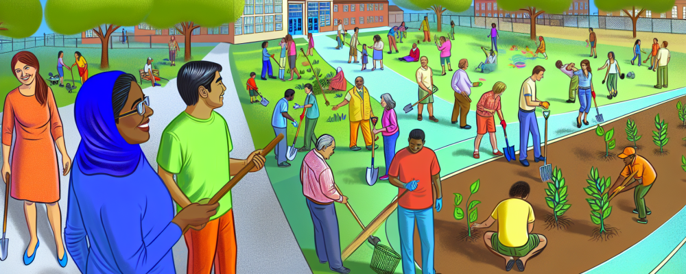 Cidadãos colaborando na gestão de patrimônio público em parque com crianças e adultos cuidando de árvores.